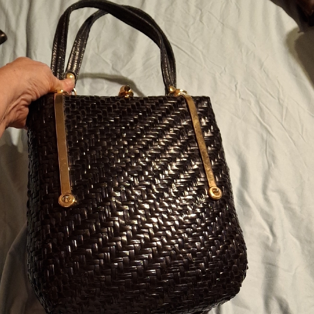 Elegant Black and Gold Tote with Woven Texture